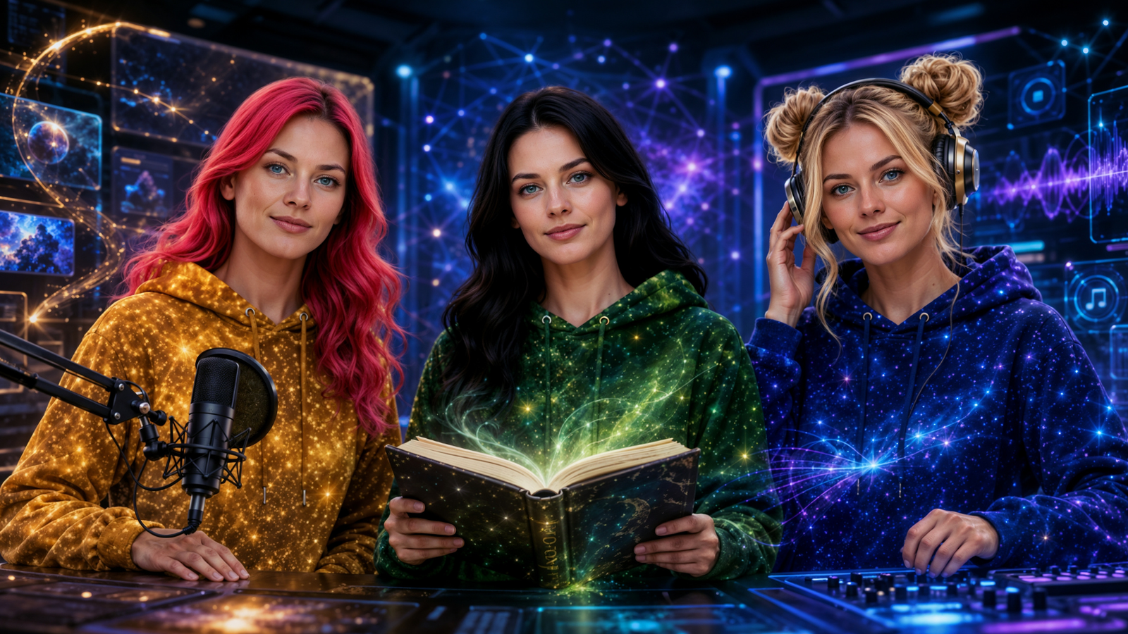 Nova Nyra and Elara working in a futuristic AI media studio for storytelling research music prompting and creative workflows