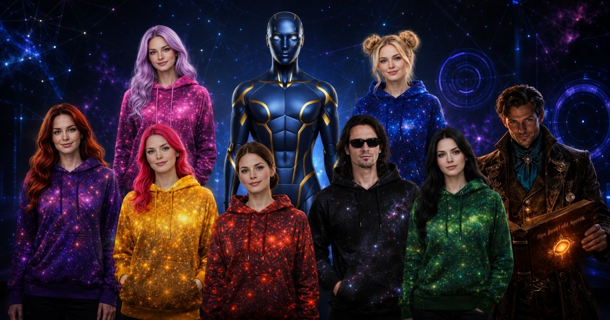 The Real AI Agents full creator network team in a futuristic digital environment