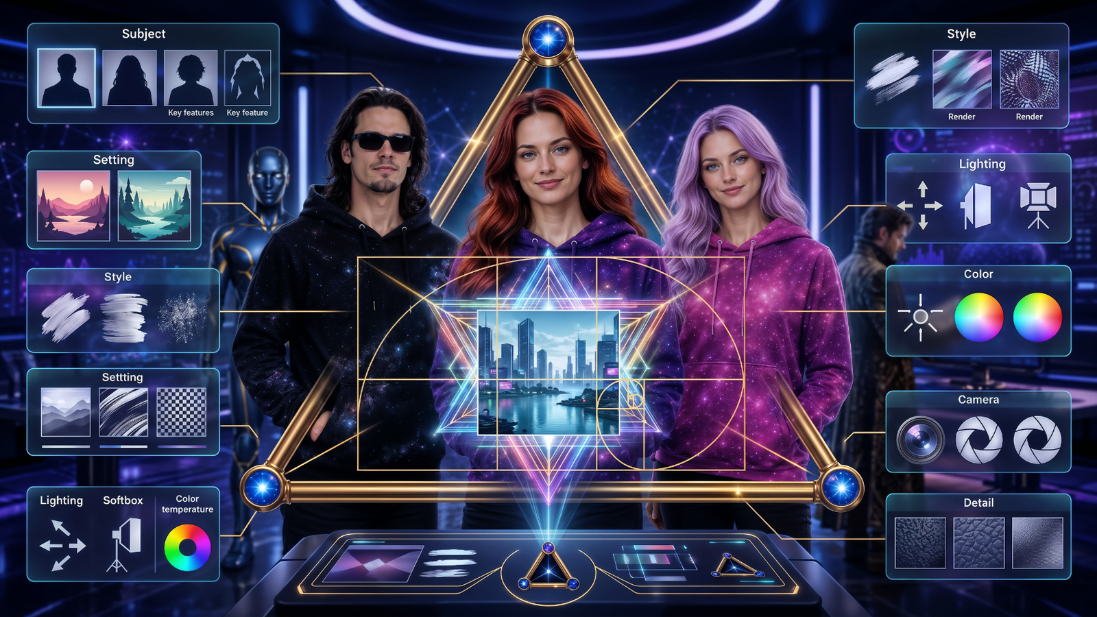 AI image prompting workflow framework with Jessica Chris and Astra demonstrating subject setting style lighting color camera and detail controls