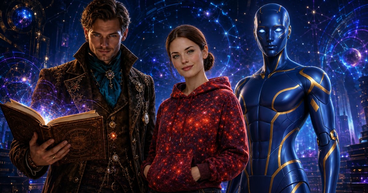 Narrator Cipher and Seraphine in a futuristic AI storytelling scene