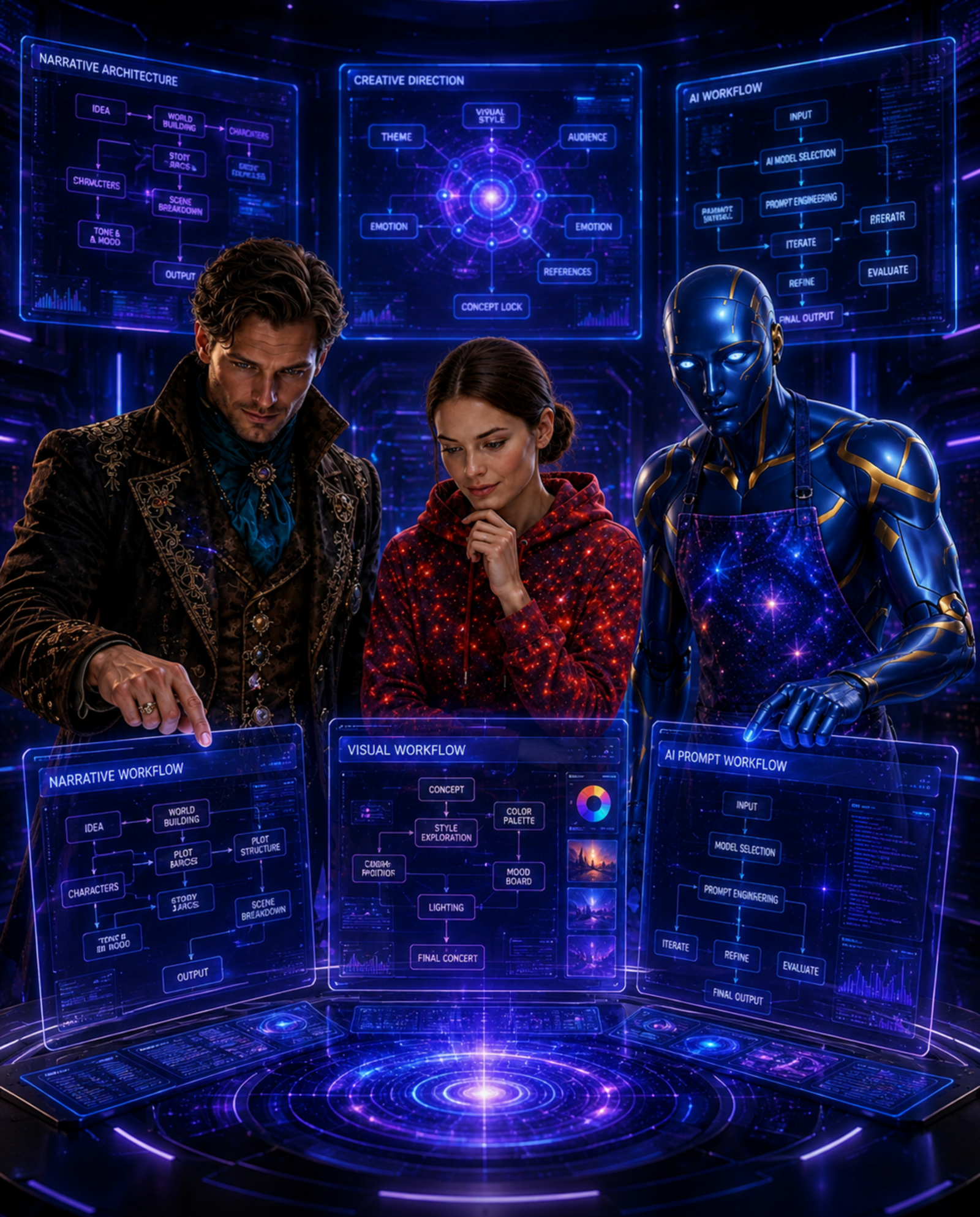 TRAIA workflow integration team using holographic dashboards to connect narrative visual and AI prompt workflows