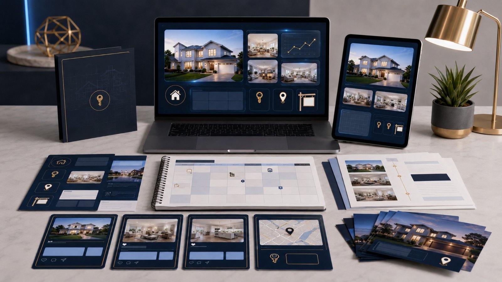 Digital product mockup showing real estate content templates, prompt cards, a content calendar, listing graphics, and AI marketing materials.