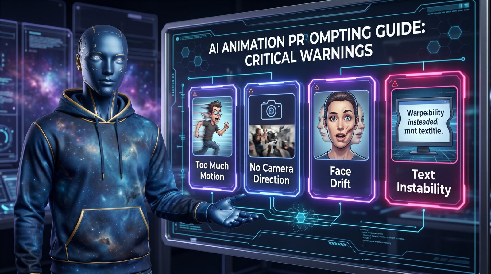 Cipher standing beside an AI animation prompting warning board with cards for too much motion, no camera direction, face drift, and text instability