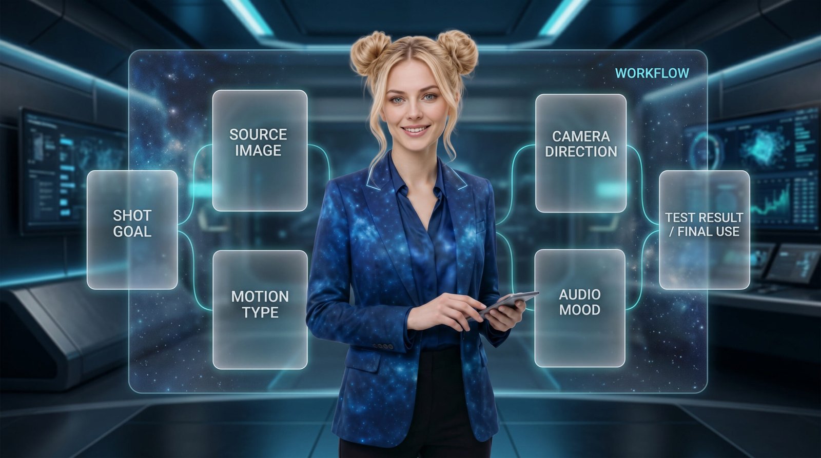 Elara standing in front of a futuristic workflow board with cards for shot goal, source image, motion type, camera direction, audio mood, and test result or final use
