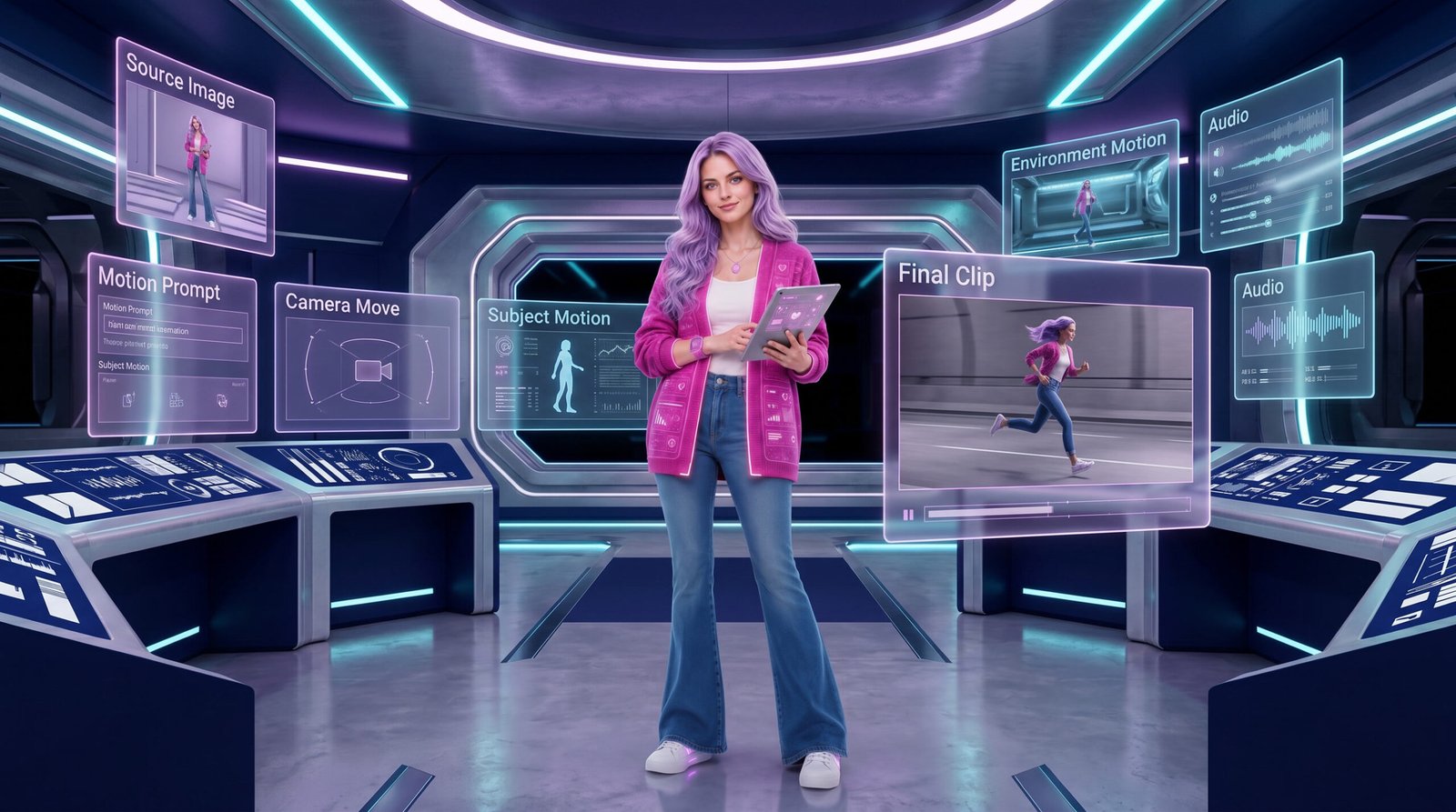 Astra standing in a futuristic animation command studio with holographic panels for source image, motion prompt, camera move, subject motion, environment motion, audio, and final clip