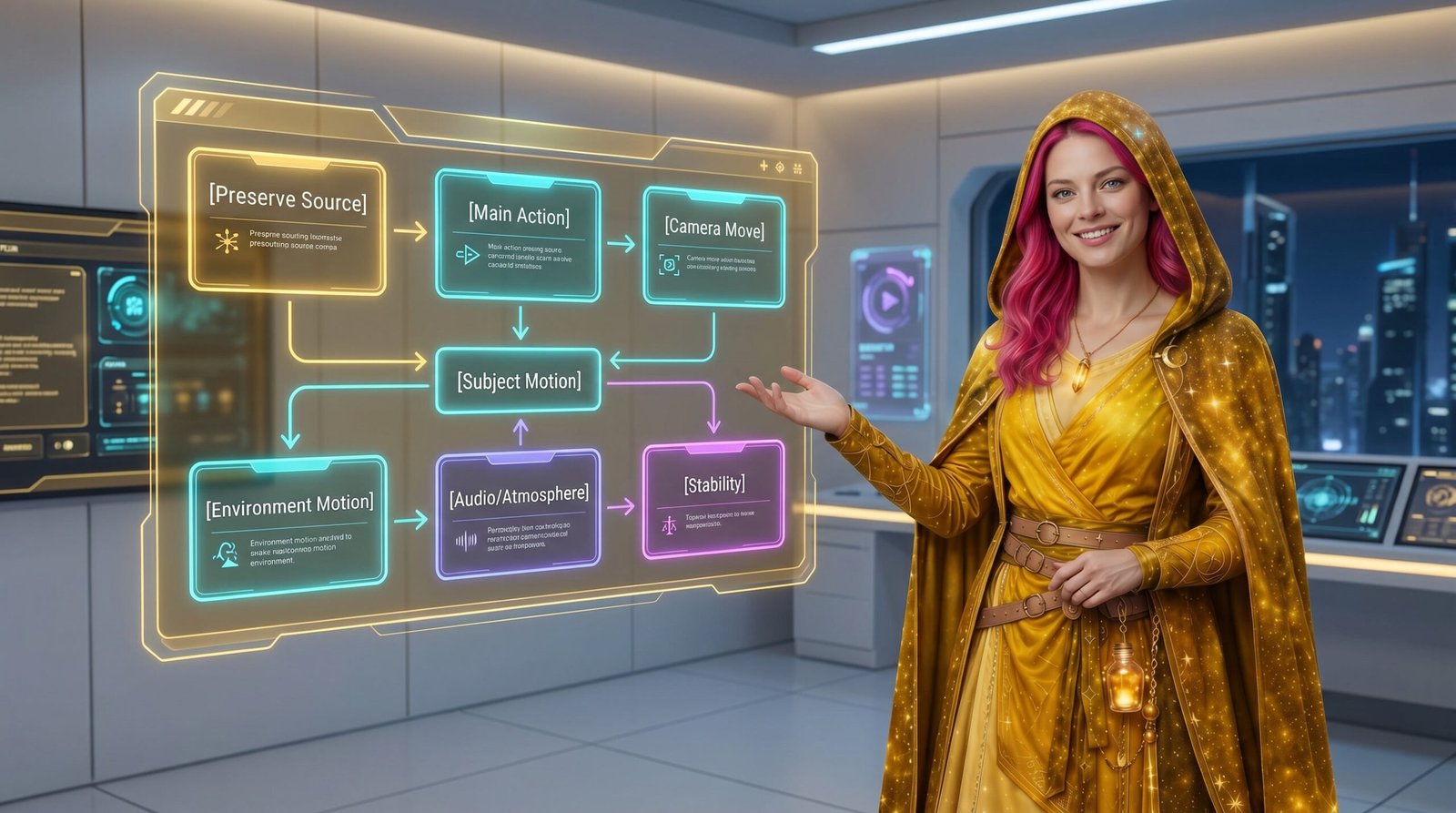 Nova presenting a holographic animation prompt formula board with blocks for preserve source, main action, camera move, subject motion, environment motion, audio or atmosphere, and stability