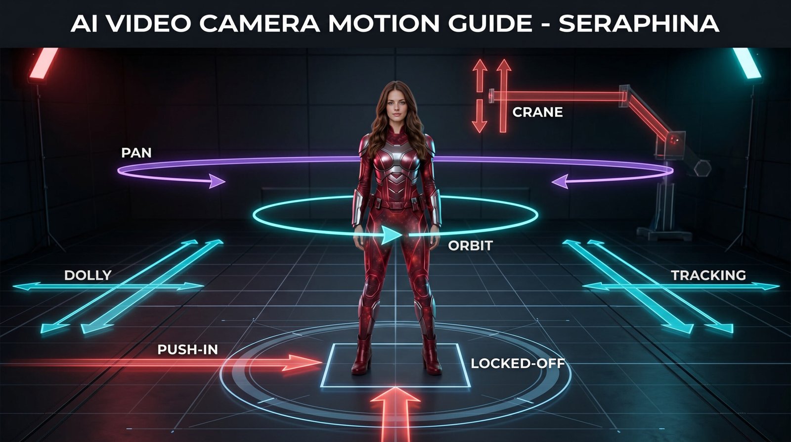 Seraphina standing in a virtual camera studio surrounded by labeled camera motion arrows for pan, orbit, crane, dolly, tracking, push-in, and locked-off shots