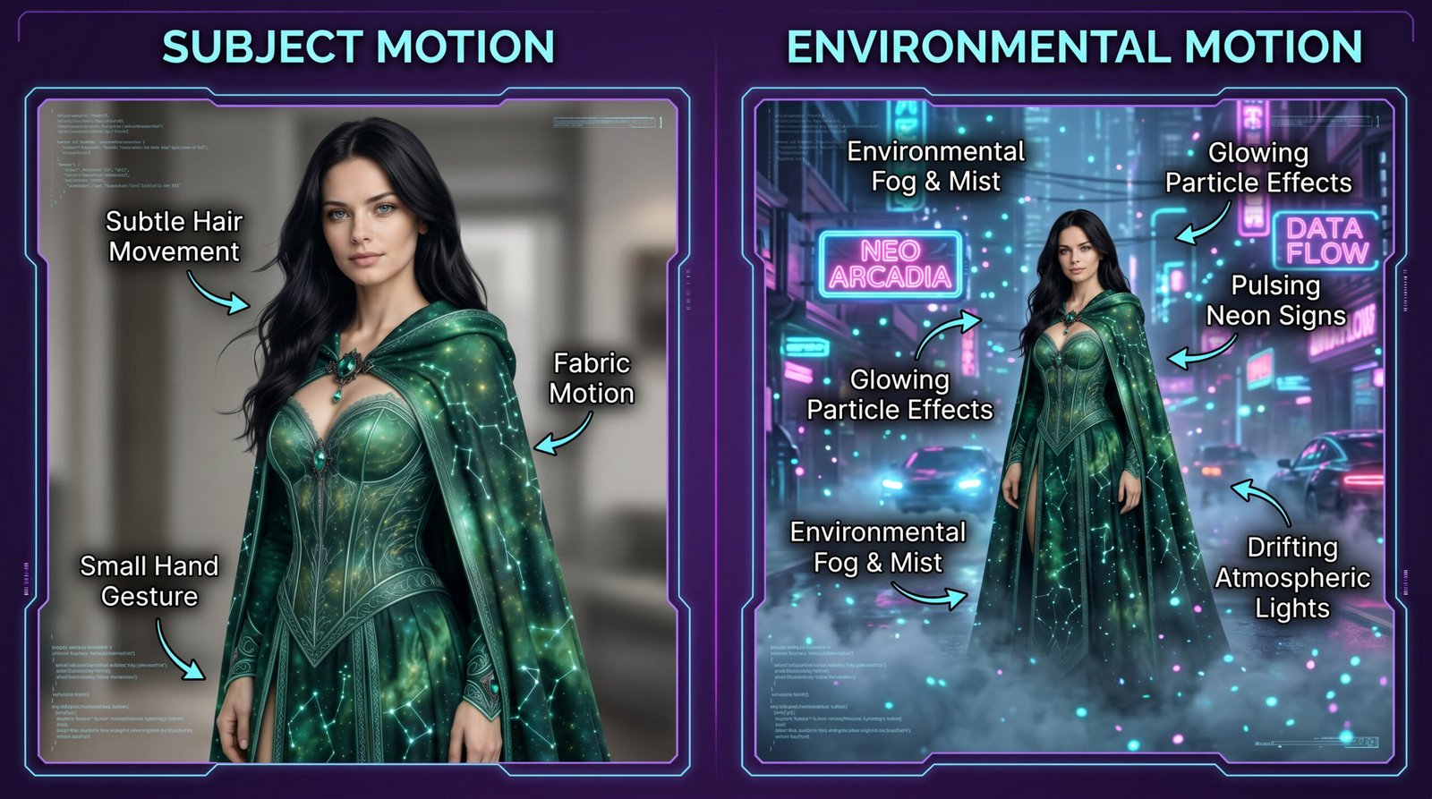 Split-screen animation prompting guide comparing subject motion like hair, fabric, and hand gestures with environmental motion like fog, particles, neon signs, and drifting lights