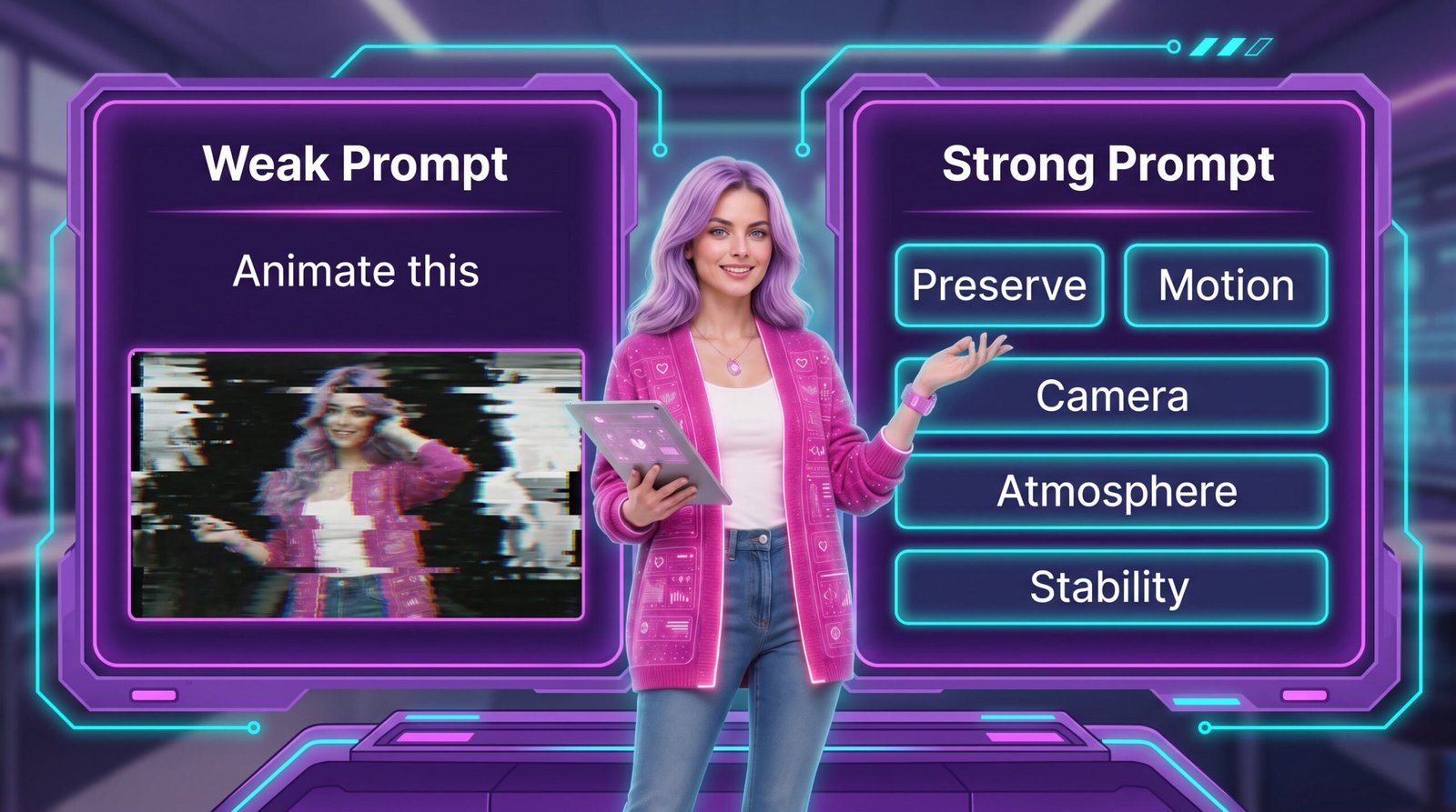 Educational comparison graphic showing a weak prompt that says animate this beside a stronger prompt with preserve, motion, camera, atmosphere, and stability blocks