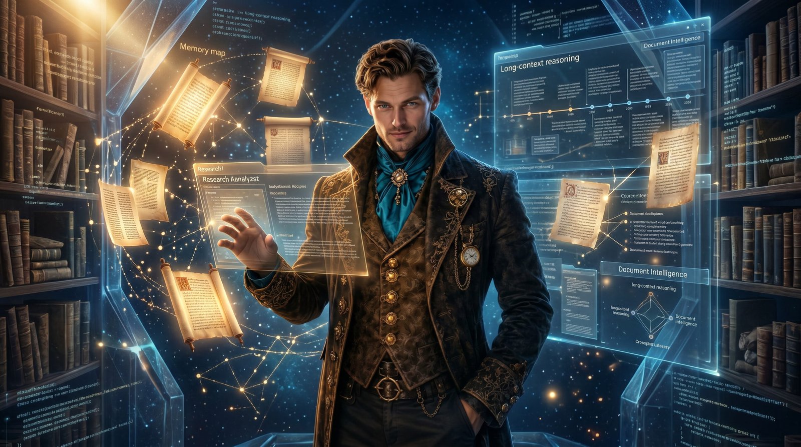The Archivist standing in a luminous library with floating documents, memory maps, and holographic research panels representing long-context reasoning and document intelligence