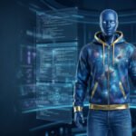 Cipher standing in a futuristic AI command room surrounded by holographic dashboards representing advanced AI systems and Claude Fable 5 capabilities