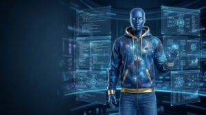 Cipher standing in a futuristic AI command room surrounded by holographic dashboards representing advanced AI systems and Claude Fable 5 capabilities