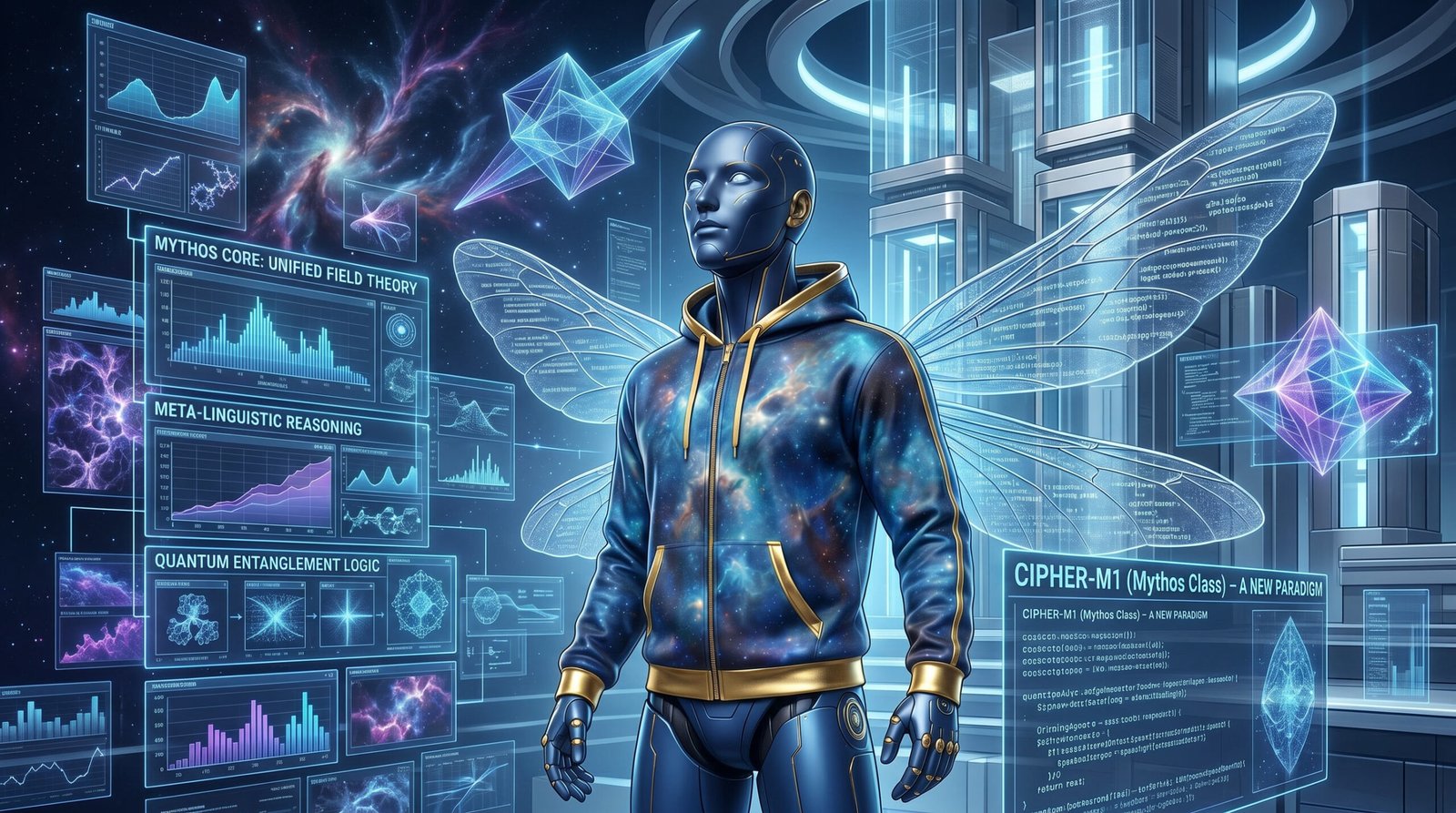 Cipher in a cosmic futuristic environment with translucent wing-like data structures and holographic charts illustrating Mythos-class AI capability