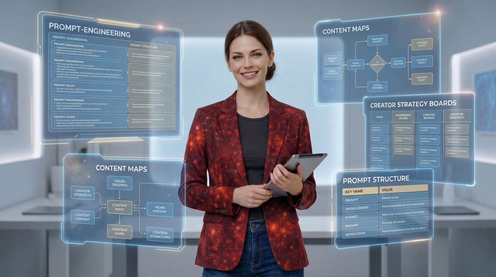 Seraphina standing in a modern creative studio with holographic prompt engineering boards, content maps, and strategy panels for creator workflows