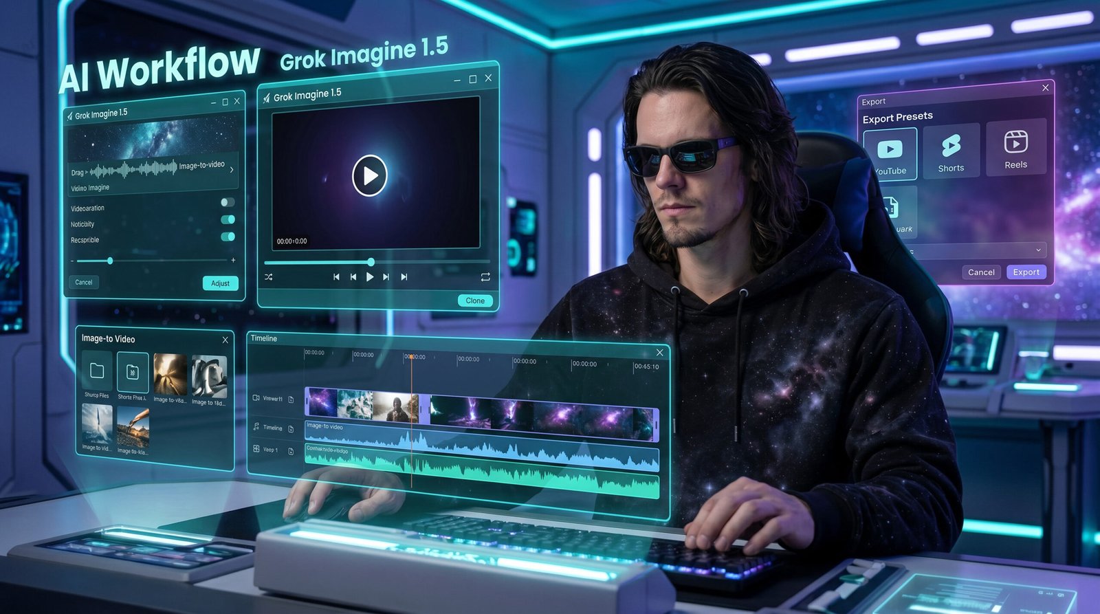 Chris editing AI-generated video clips in a futuristic workstation with Grok Imagine 1.5 panels, video timelines, audio waveforms, and export presets for YouTube, Shorts, and Reels