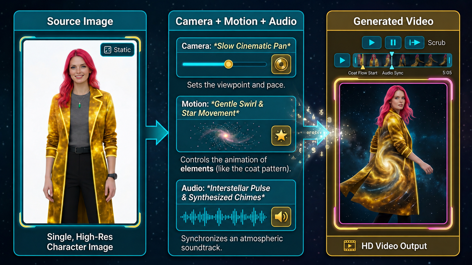 A three-panel AI video workflow graphic showing a source image, camera motion and audio prompt controls, and a generated video preview with HD video output