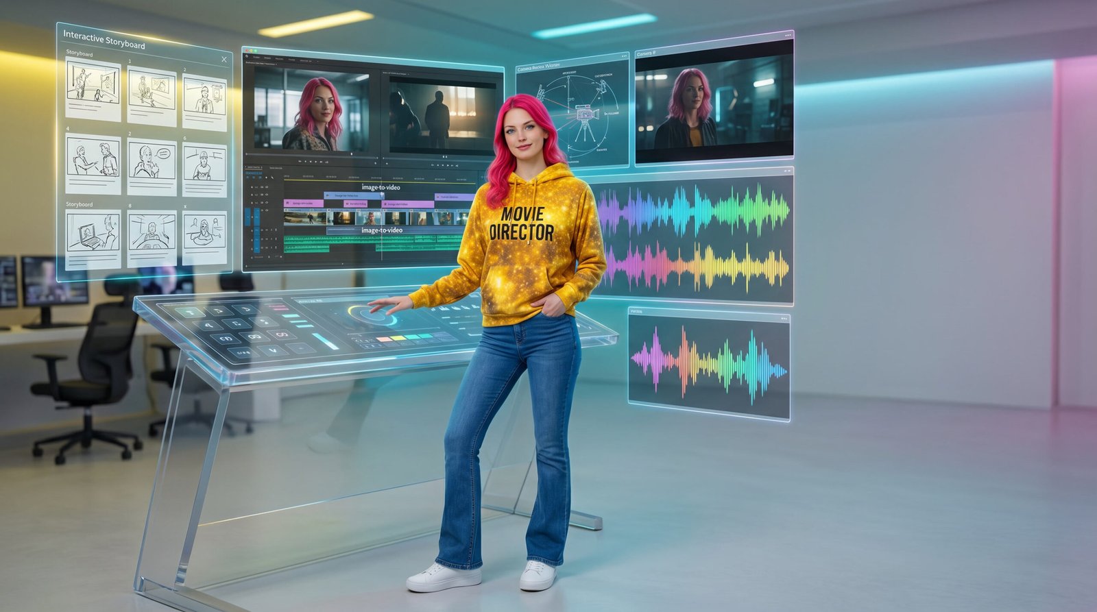 Nova standing in a futuristic AI video production studio with holographic storyboards, editing timelines, audio waveforms, and cinematic preview screens
