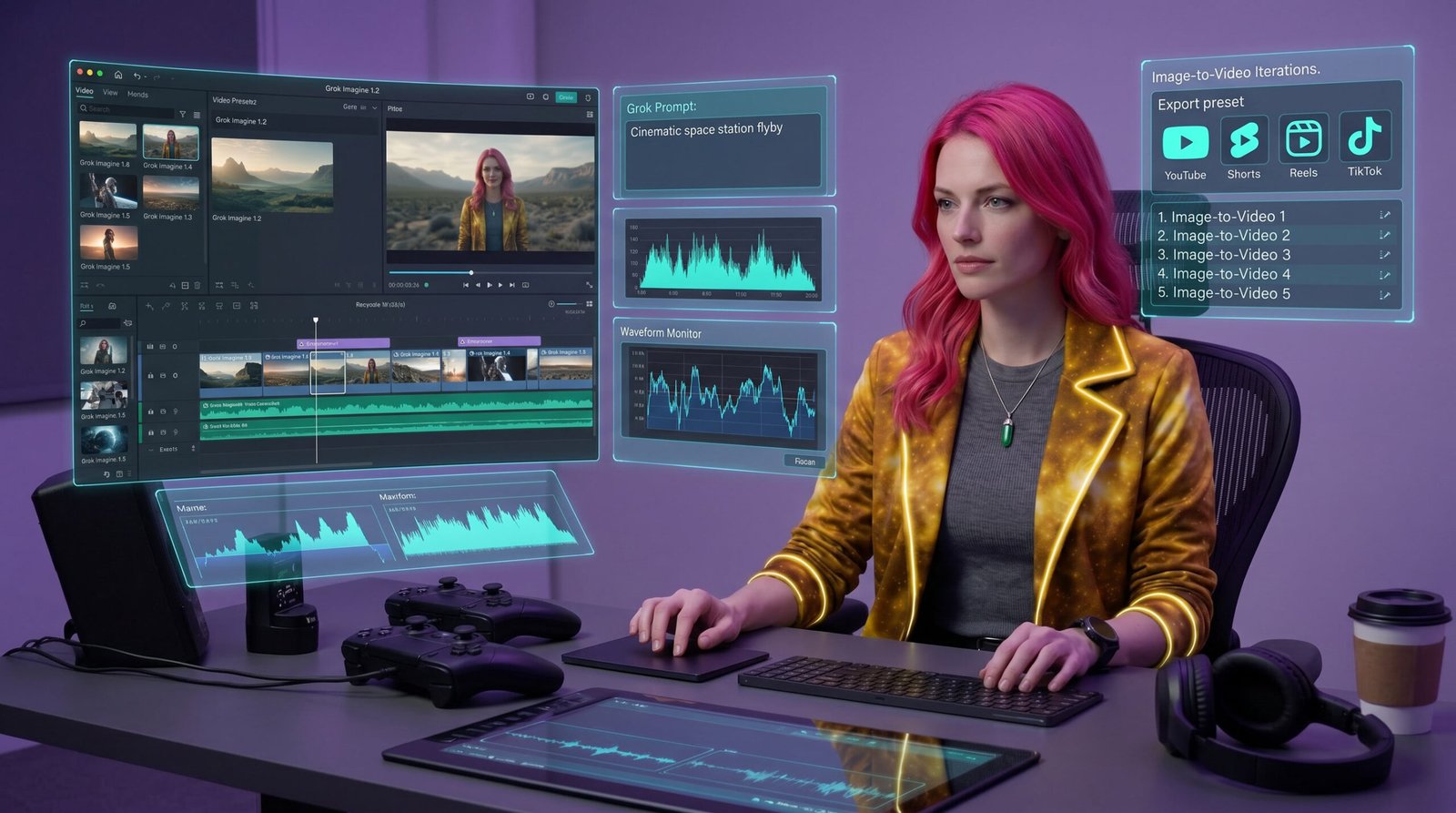 Nova seated at a creator workstation reviewing Grok Imagine 1.5 image-to-video iterations, editing timelines, audio waveforms, prompt panels, and export presets