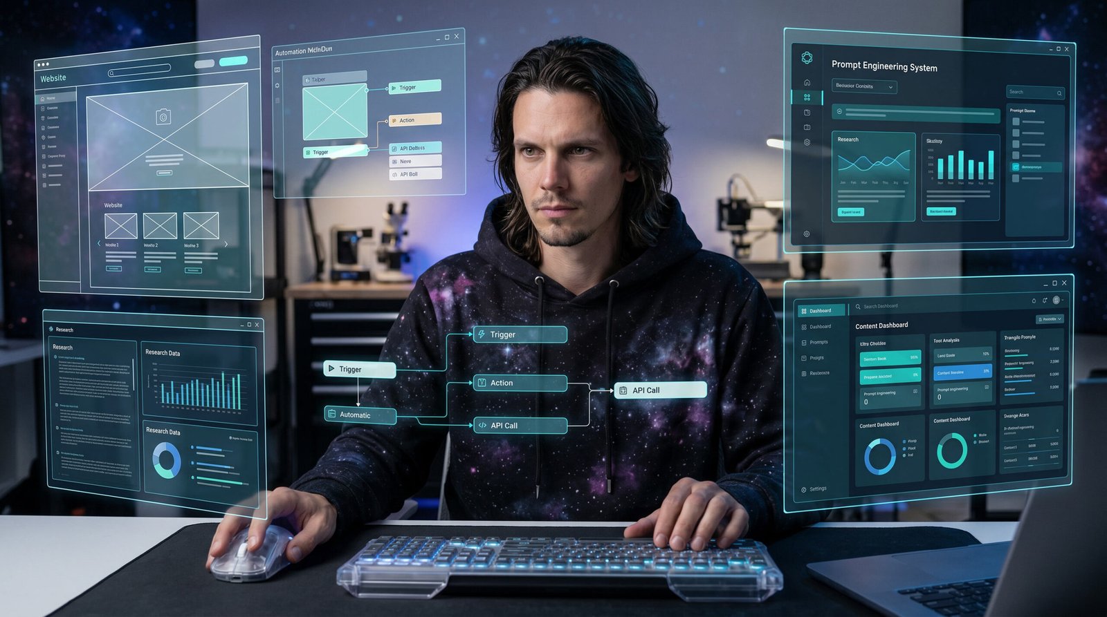 Chris working at a futuristic creator workstation with floating interfaces showing website layouts, automation flows, research dashboards, and prompt engineering systems