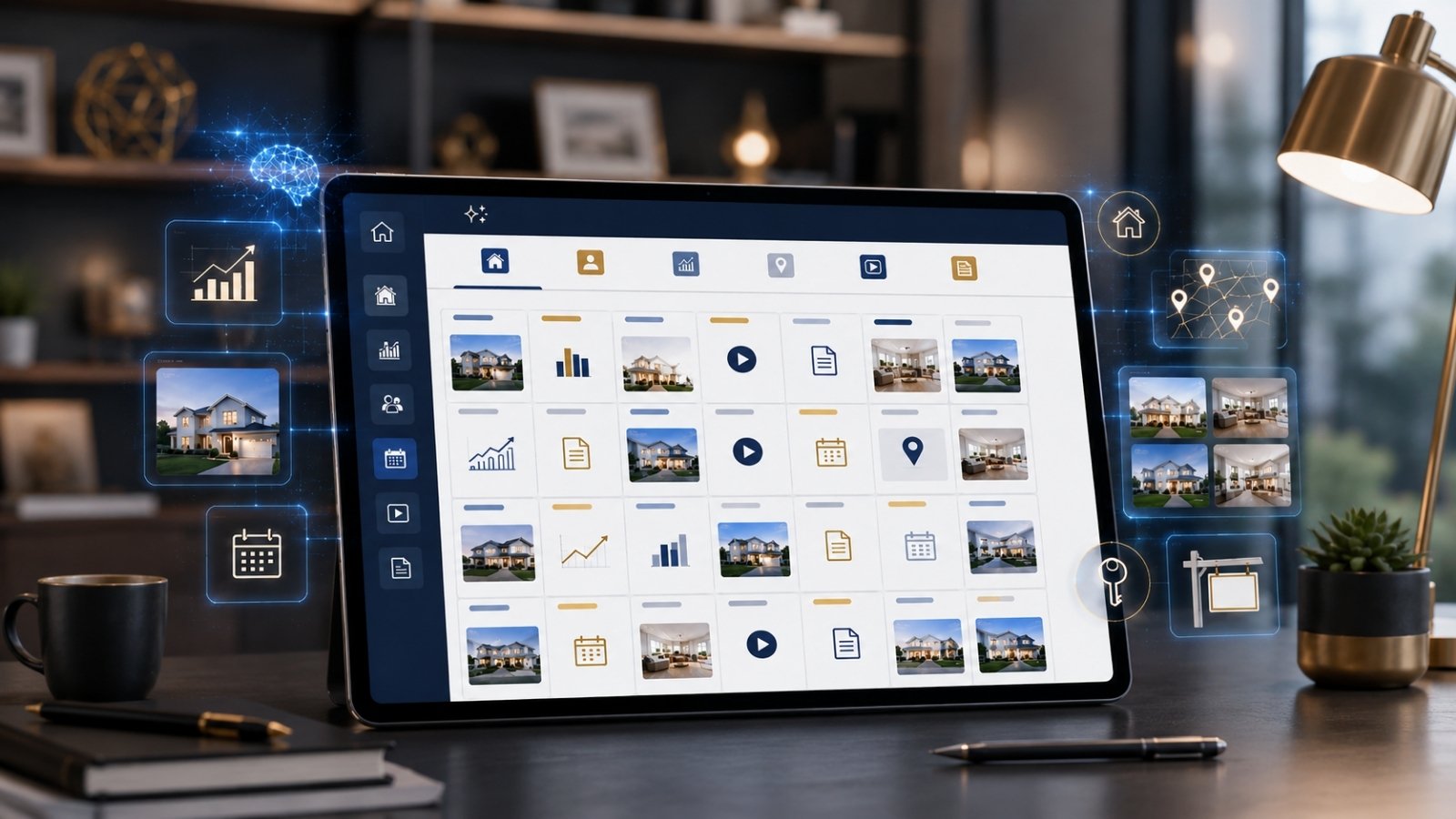 Thirty-day real estate content calendar with topic, format, and scheduling blocks.