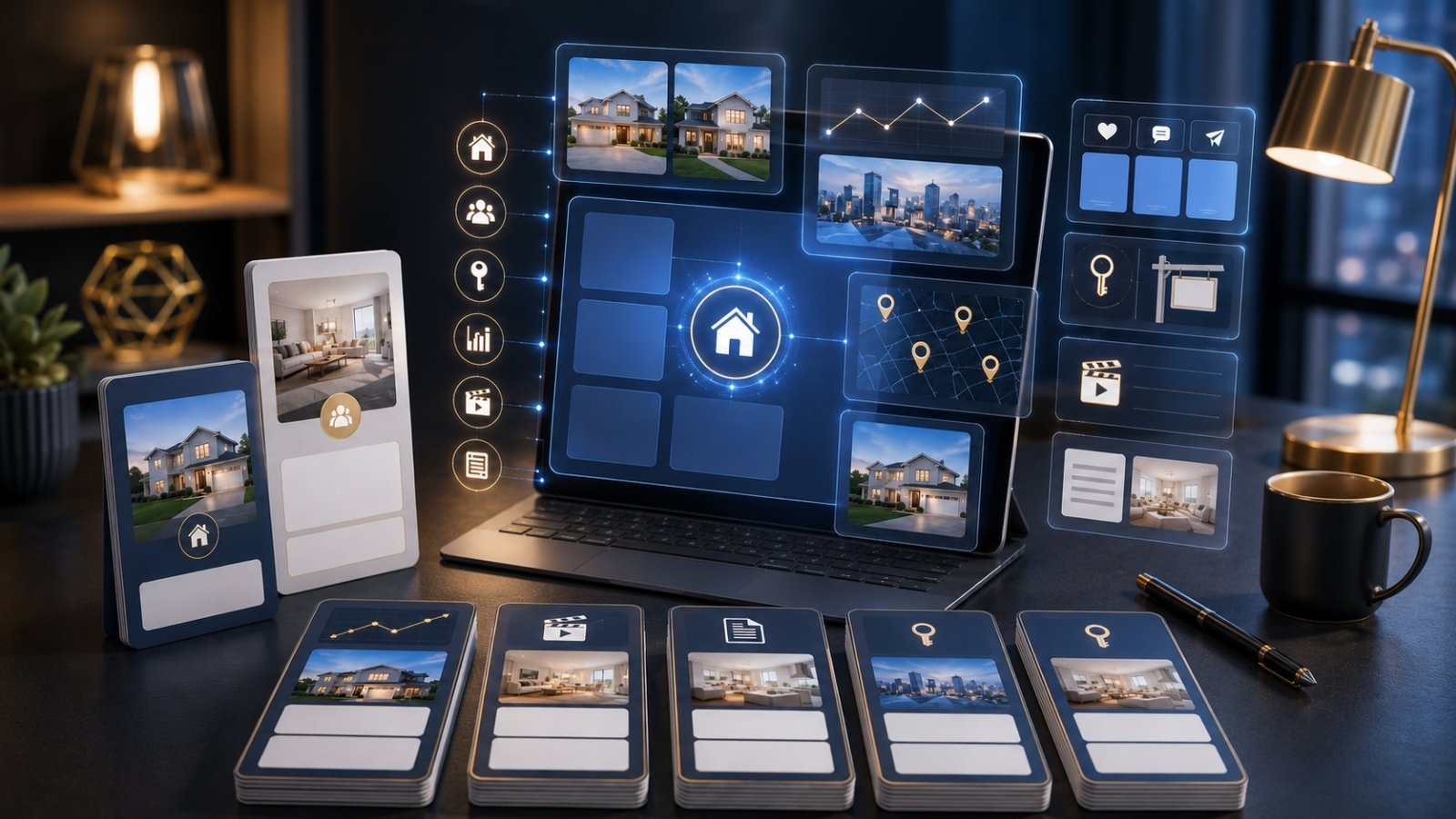 Real estate content prompt library with cards for listings, market information, and educational content.