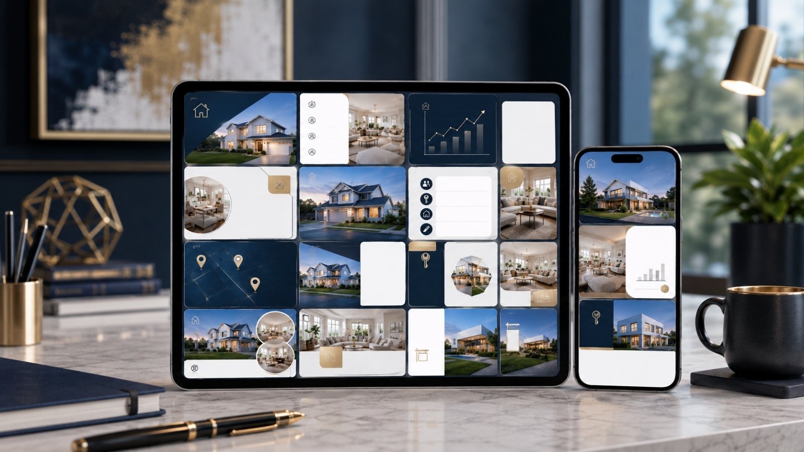 Editable real estate social media templates displayed on a tablet and phone.