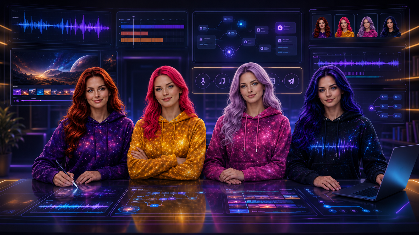 Jessica, Nova, Astra, and Lyra in a polished AI creator studio with voice, music, video, avatar, dubbing, and publishing workflow panels.