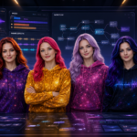 Futuristic creator workspace showing Jessica, Nova, Astra, and Lyra with AI voice, video, music, avatar, and workflow tools.