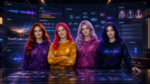 Futuristic creator workspace showing Jessica, Nova, Astra, and Lyra with AI voice, video, music, avatar, and workflow tools.