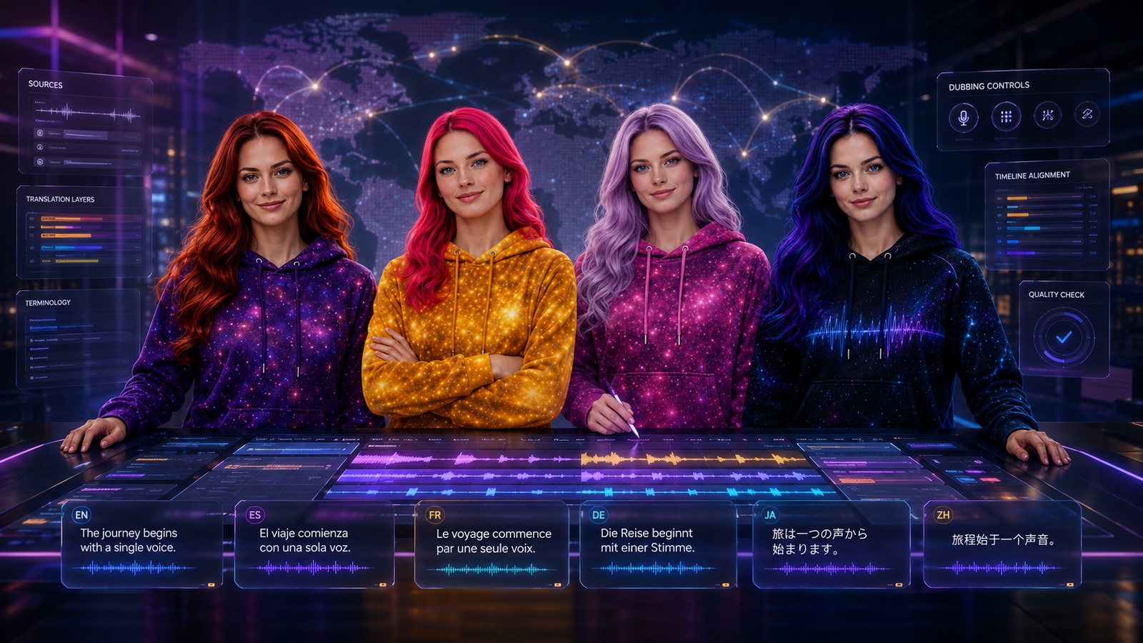 Jessica, Nova, Astra, and Lyra in an AI localization studio with multilingual captions, dubbing controls, and translated waveform layers.