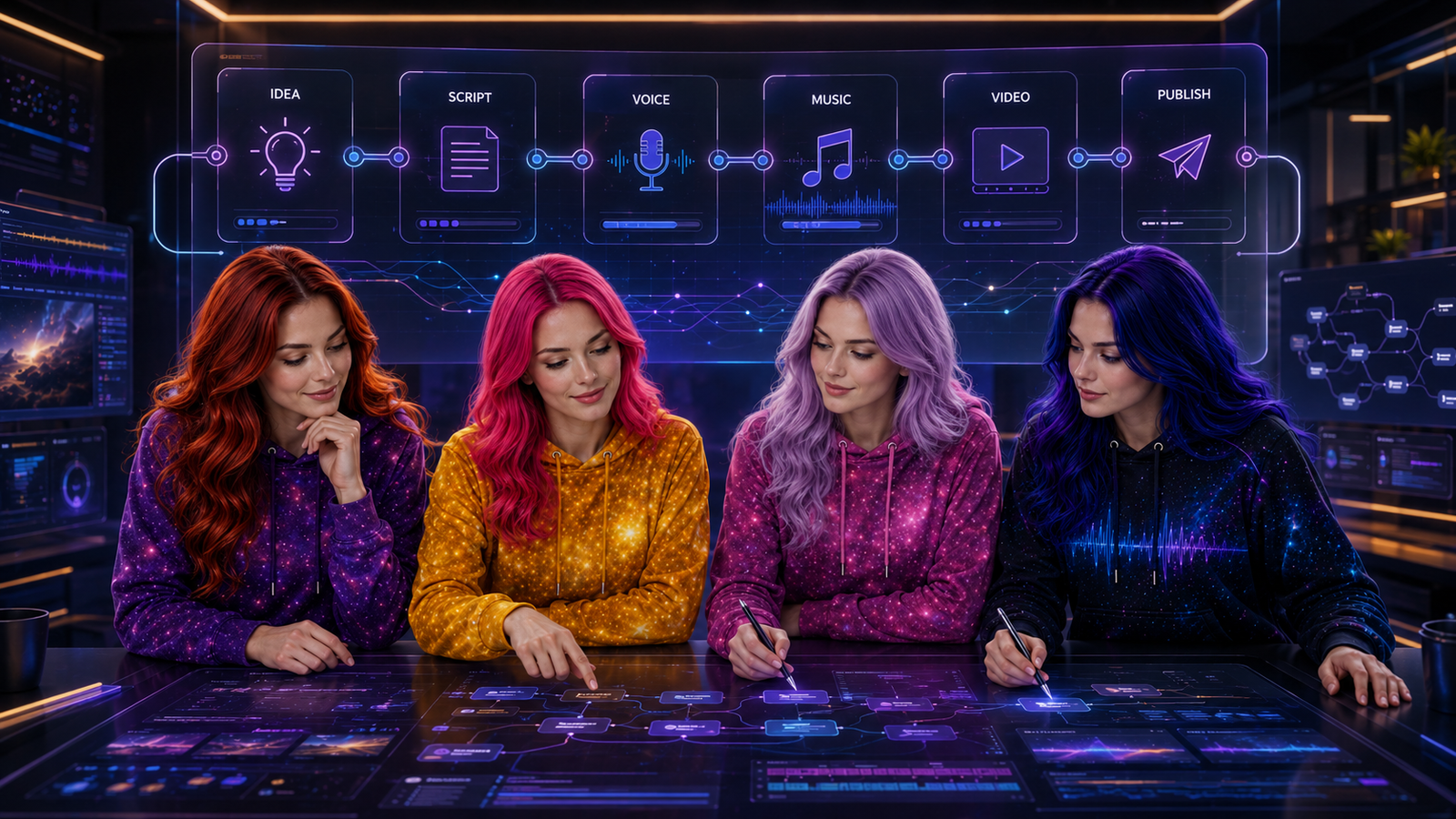 Jessica, Nova, Astra, and Lyra building a node-based AI creative workflow from idea to script, voice, music, video, and publish.