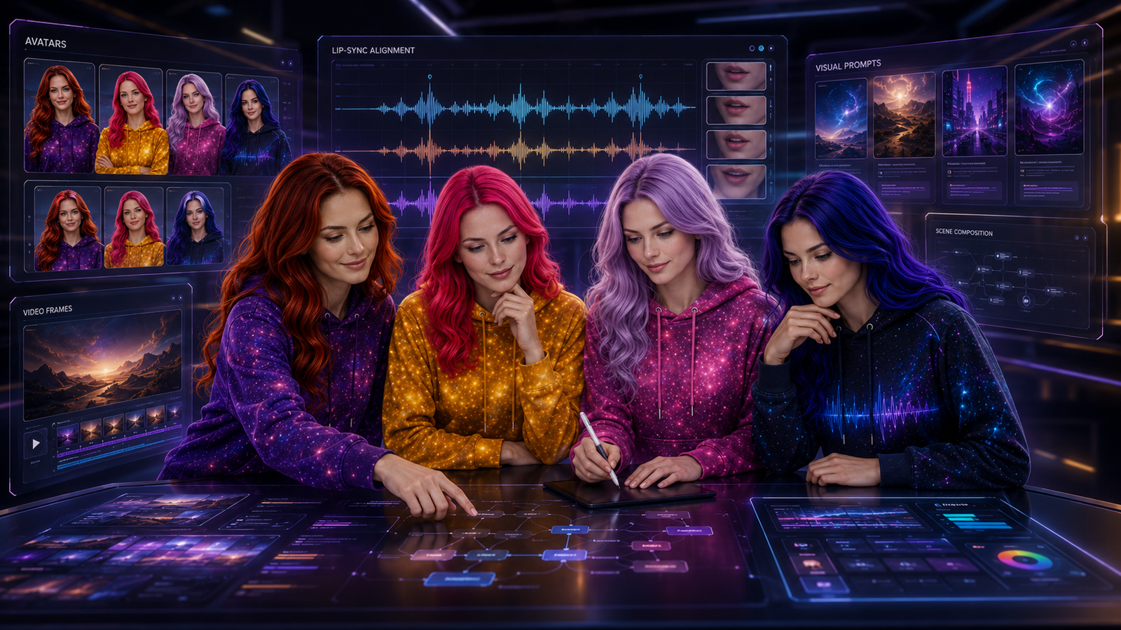 Jessica, Nova, Astra, and Lyra reviewing AI video, avatar previews, lip-sync alignment, and visual prompt panels.