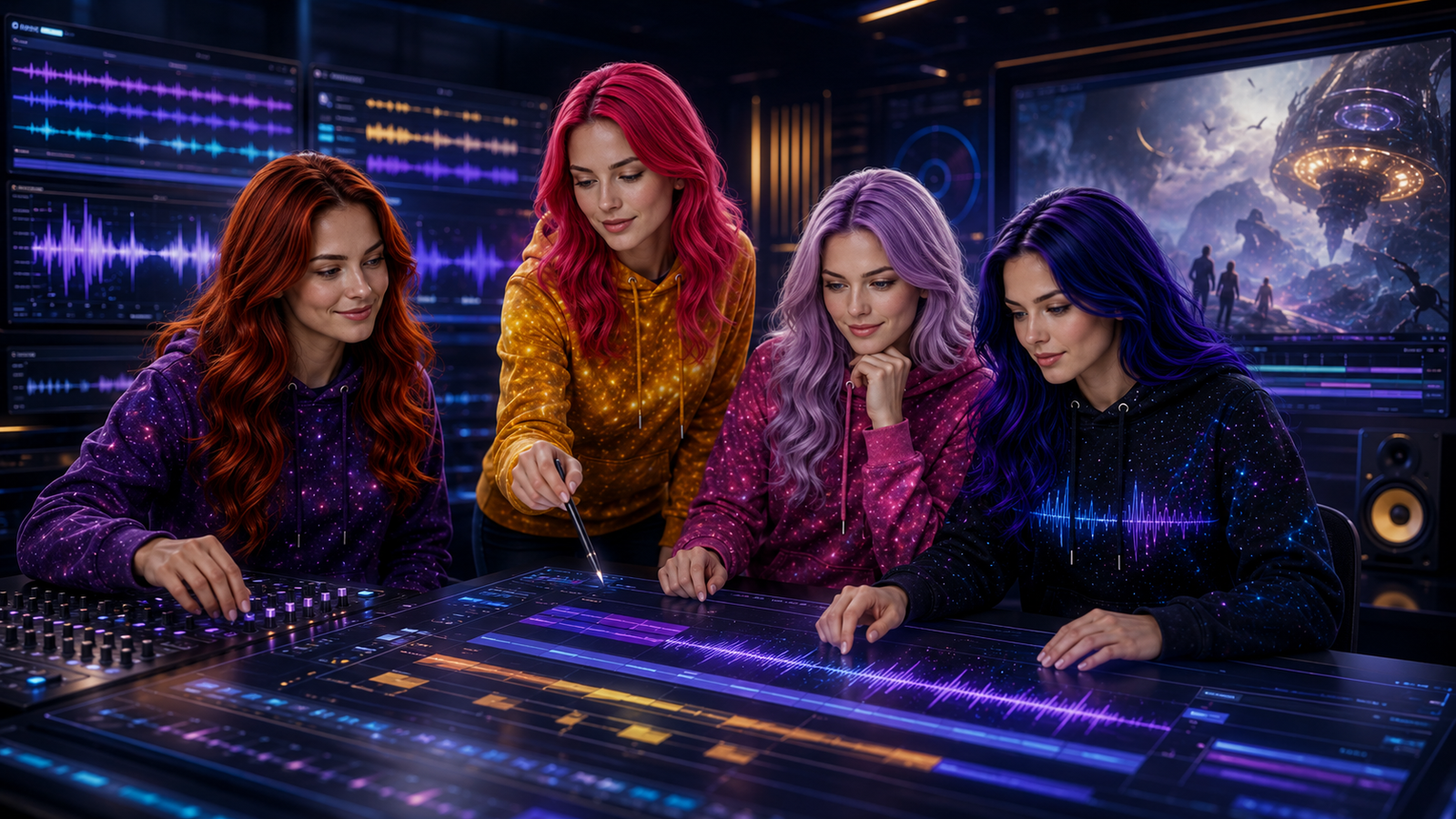 Jessica, Nova, Astra, and Lyra collaborating in a futuristic sound design studio with music tracks, sound effects, and audio waveforms.