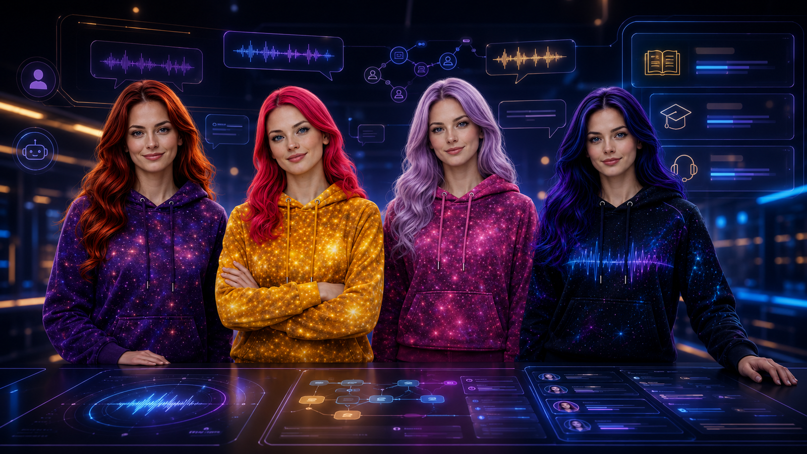 Jessica, Nova, Astra, and Lyra with conversational AI panels, waveform responses, and voice agent workflow controls.
