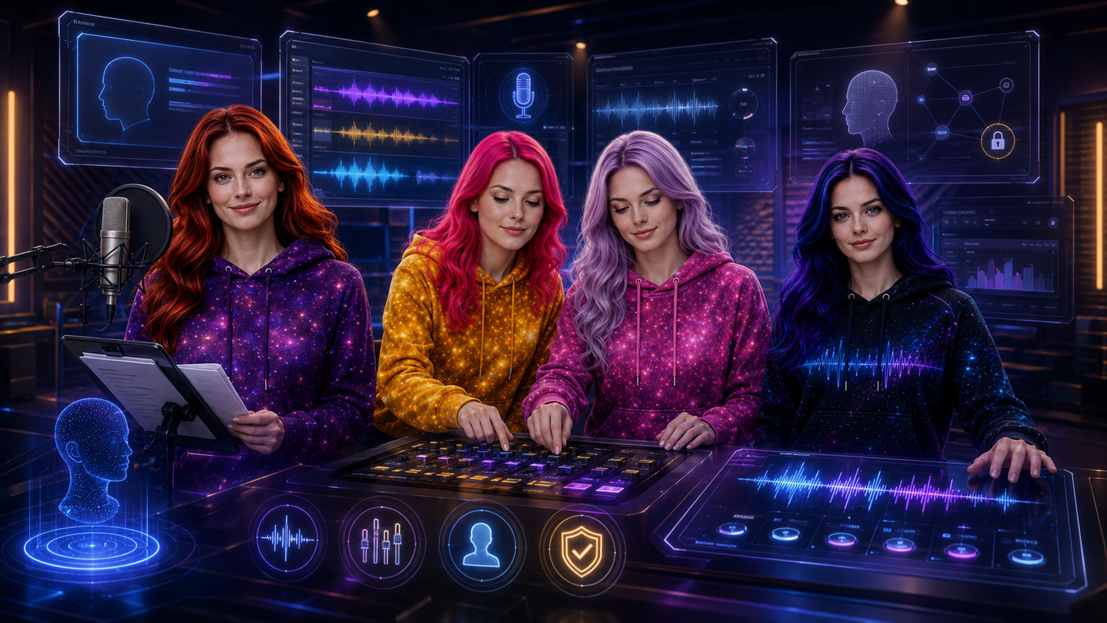 Jessica, Nova, Astra, and Lyra working with AI voice tools, waveform layers, voiceover controls, and audio production panels.