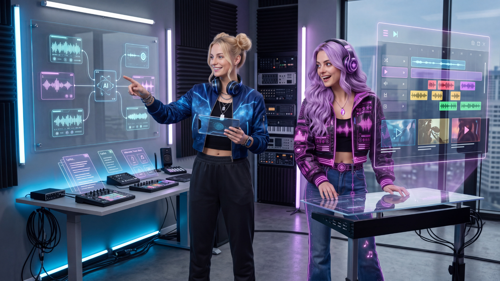 Blonde and lavender-haired creators working with lyric cards, audio waveforms, track layers, and music-production controls.
