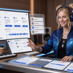 Blonde creator in a futuristic music studio reviewing prompts, lyrics, audio waveforms, and track versions.