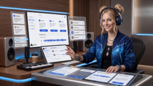 Blonde creator in a futuristic music studio reviewing prompts, lyrics, audio waveforms, and track versions.