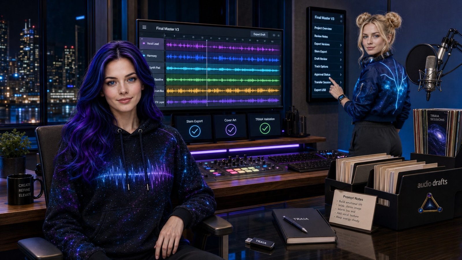 Purple-haired and blonde creators reviewing stems, export options, project notes, and final music assets in a nighttime studio.