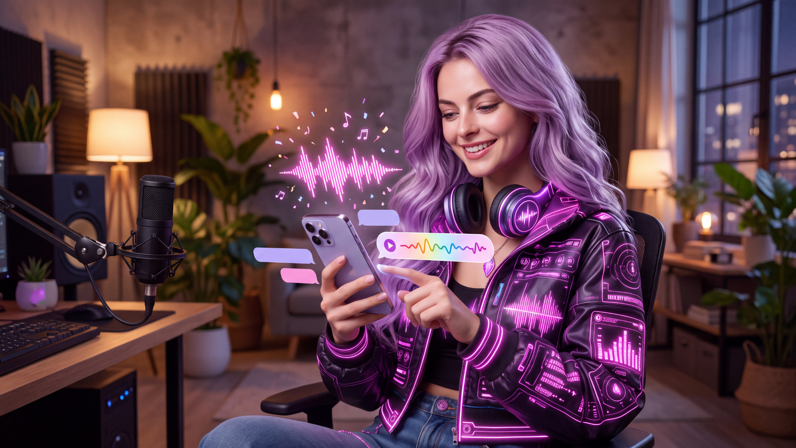 Lavender-haired creator using a phone beside colorful waveform message bubbles representing musical text replies.