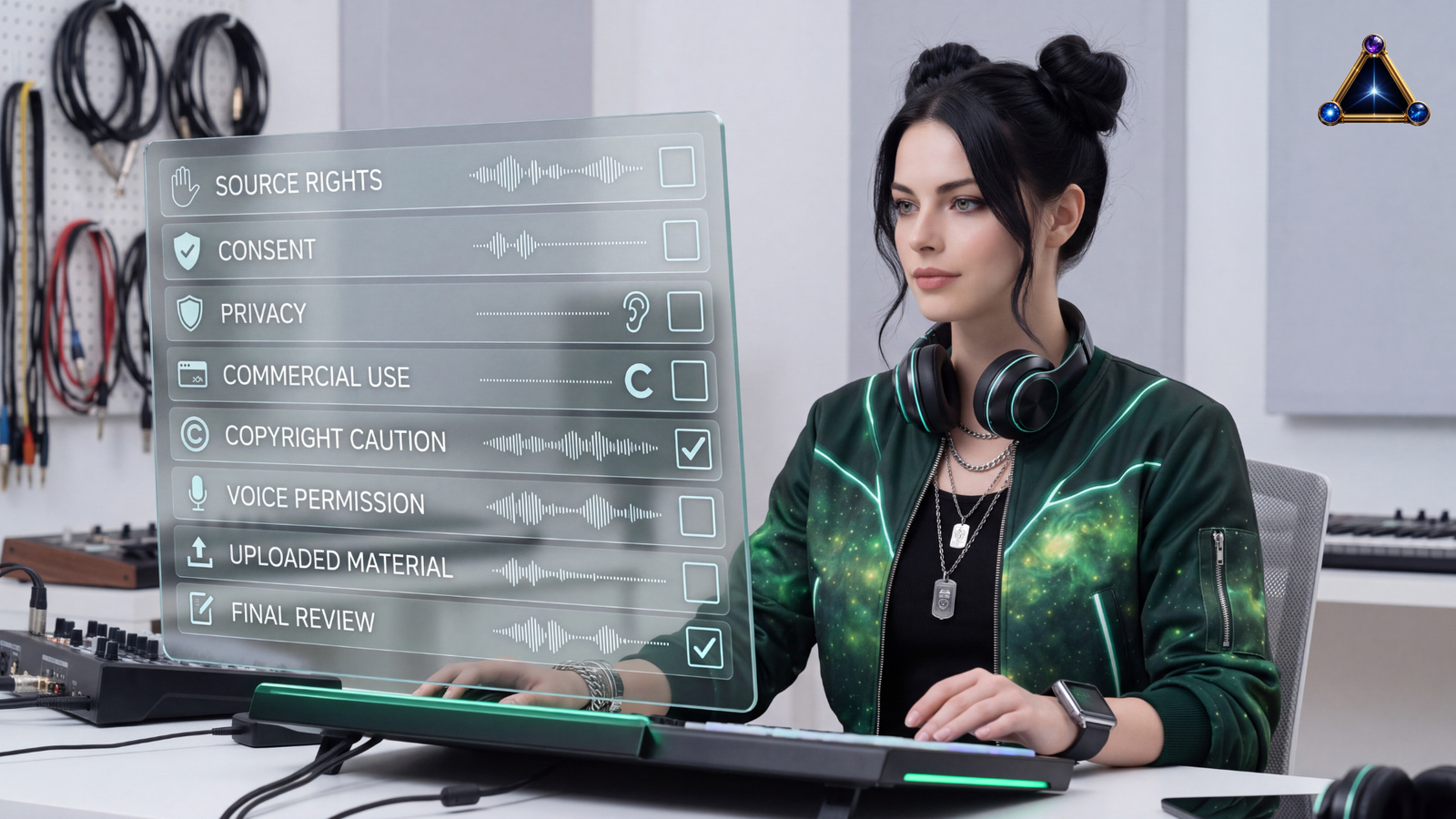 Black-haired creator reviewing a checklist for source rights, consent, privacy, commercial use, copyright, voice permission, uploads, and final review.