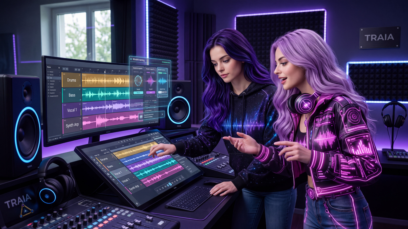 Two creators editing separated drum, bass, vocal, and synth tracks in a futuristic music-production studio.