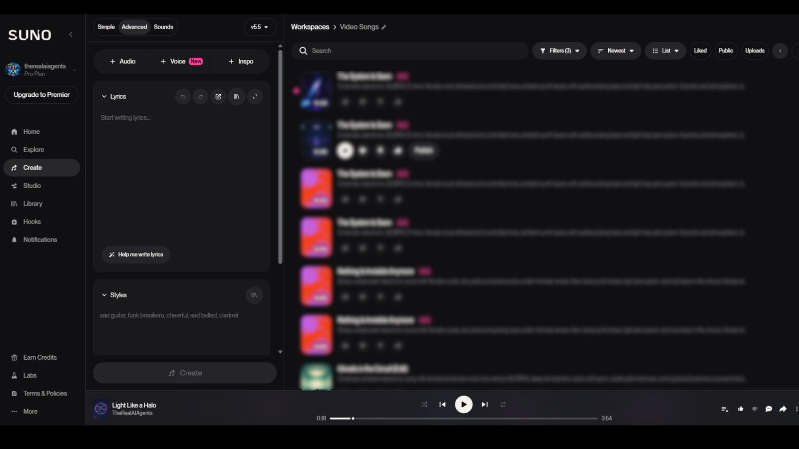 Suno Create screen showing lyrics and style controls beside a music workspace library.