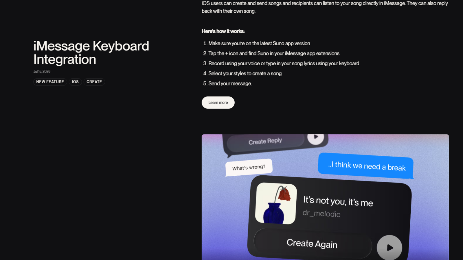 Suno release notes entry for the July 15, 2026 iMessage Keyboard Integration.