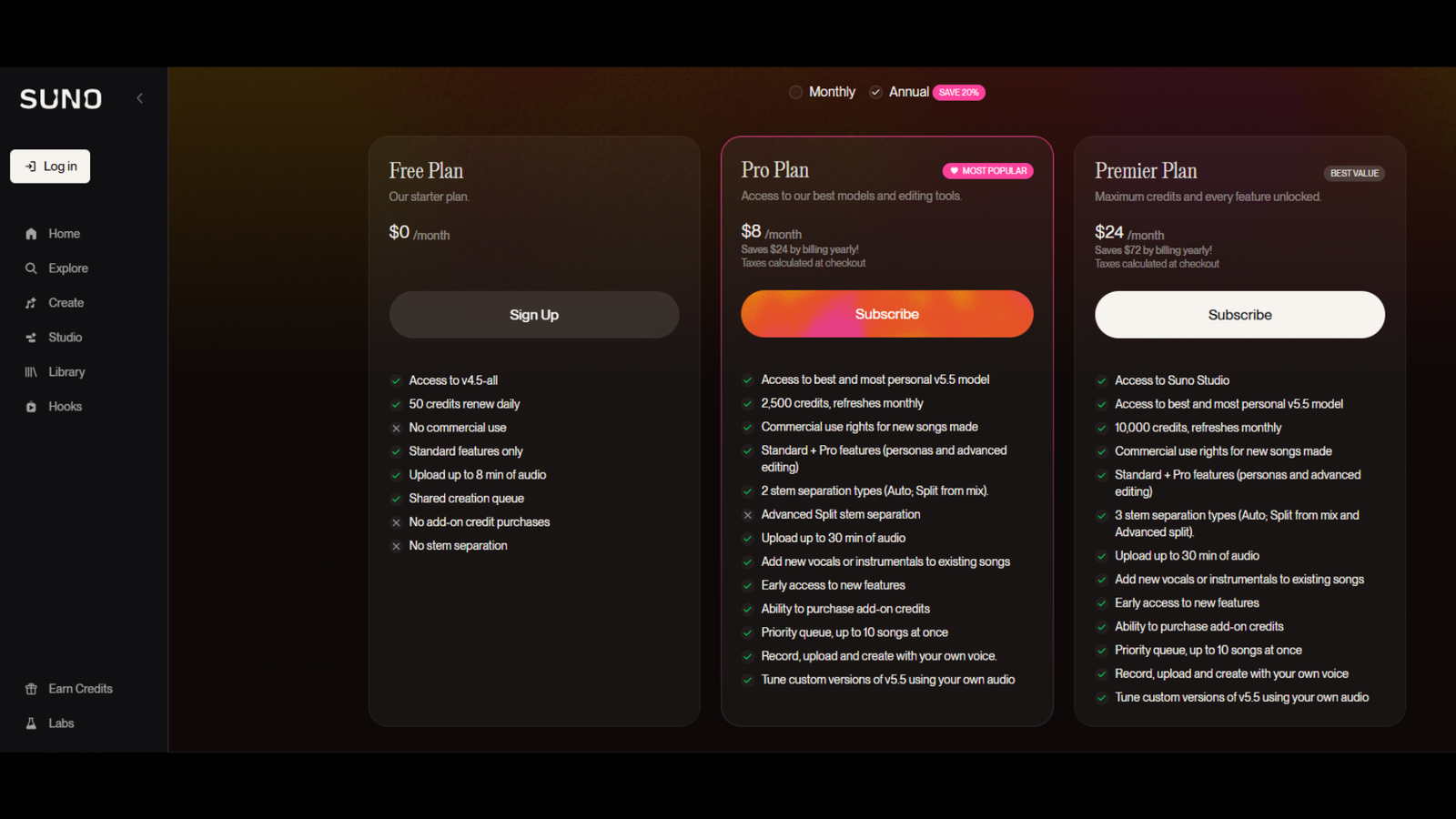 Suno pricing page showing Free, Pro, and Premier annual plans and their feature differences.