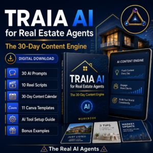 TRAIA AI for Real Estate Agents 30-Day Content Engine digital product mockup with prompts, reel scripts, content calendar, Canva templates, tool setup guide, and bonus examples
