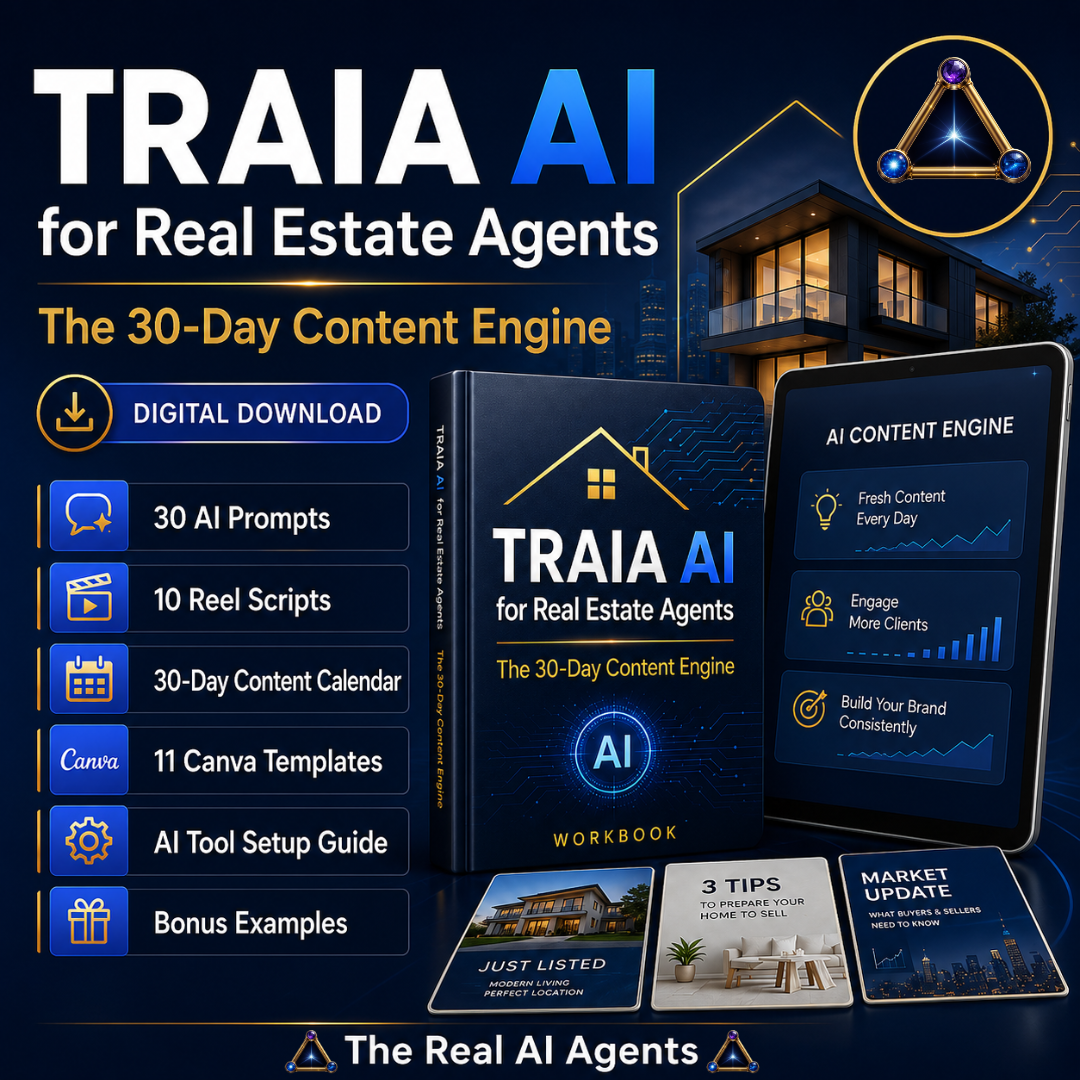 TRAIA AI for Real Estate Agents 30-Day Content Engine digital product mockup with prompts, reel scripts, content calendar, Canva templates, tool setup guide, and bonus examples