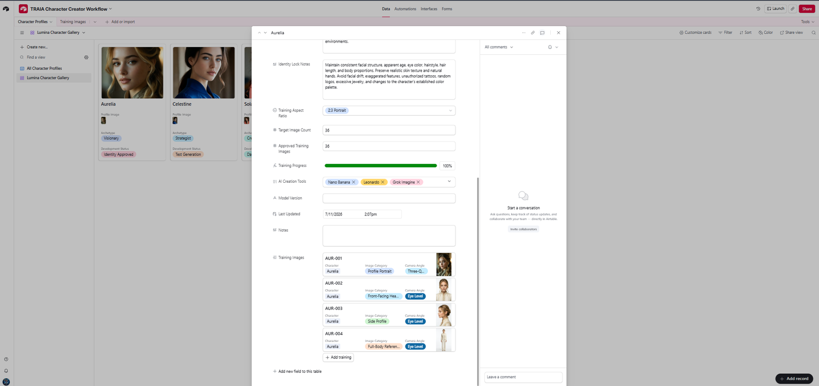 Airtable gallery view showing approved AI character training images organized as visual dataset cards.