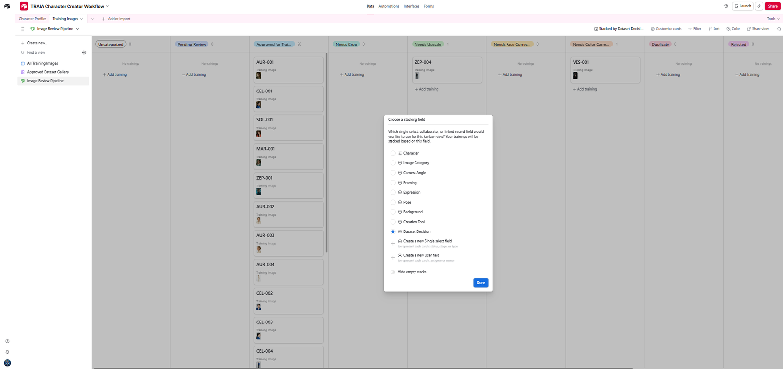 Airtable Kanban view showing fictional AI characters organized by development status.