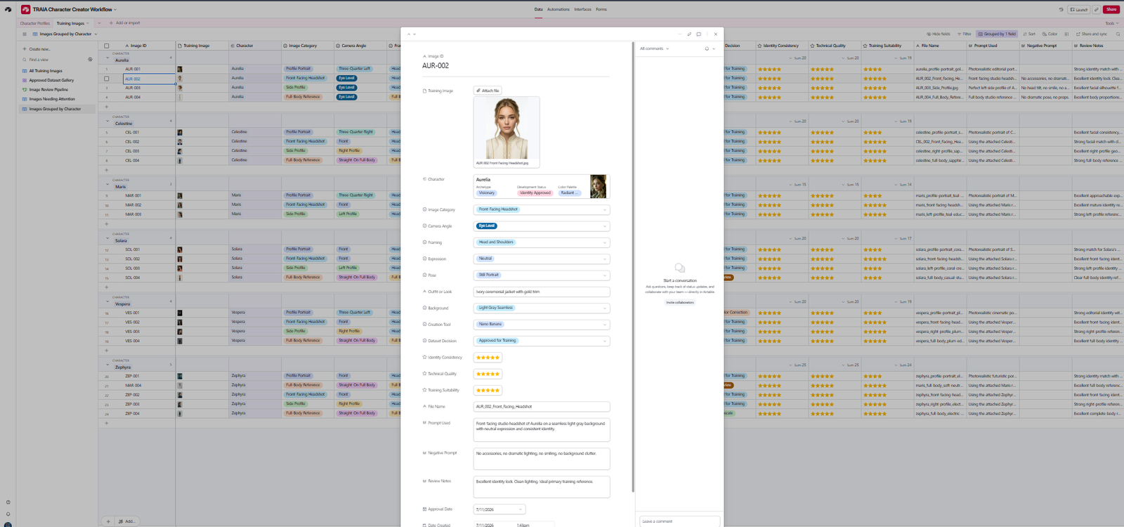 Expanded Airtable training image record showing an AI character image, linked character, ratings, prompt, and review notes.